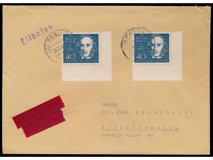 2 x  Blockmarke 40 Pf. Mendelsohn-Bartholdy  auf Eilbotenbrief mit Stempel  Passau 2  20.12.60 nach Aschaffenburg, Durchgangs