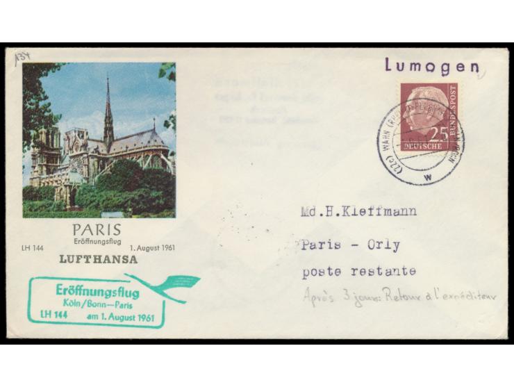Einzelfrankatur  25 Pf. Heuss-Lumogen  auf Luftpost-Drucksache nach Paris, Stempel Wahn (Rheinl.) - Flughafen Köln / Bonn 1.8