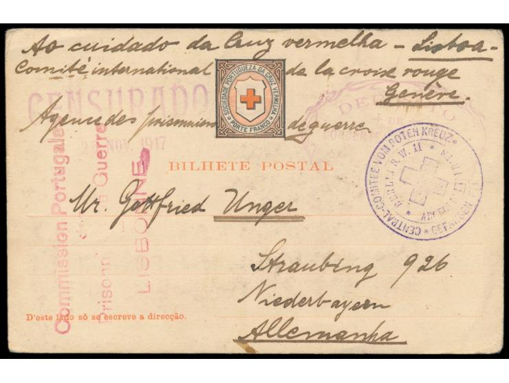 Azoren,  Vordruckkarte des Portugiesischen Roten Kreuz als Kriegsgefangenenkarte nach Deutschland, schwacher Ovalstempel  "De