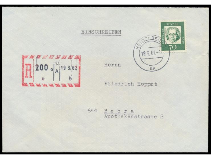 Einzelfrankatur 70 Pf. Beethoven auf Einschreibbrief mit Stempel  Heidelberg 1  19.3.62 nach Bebra, seltener  R-Automaten-Ver