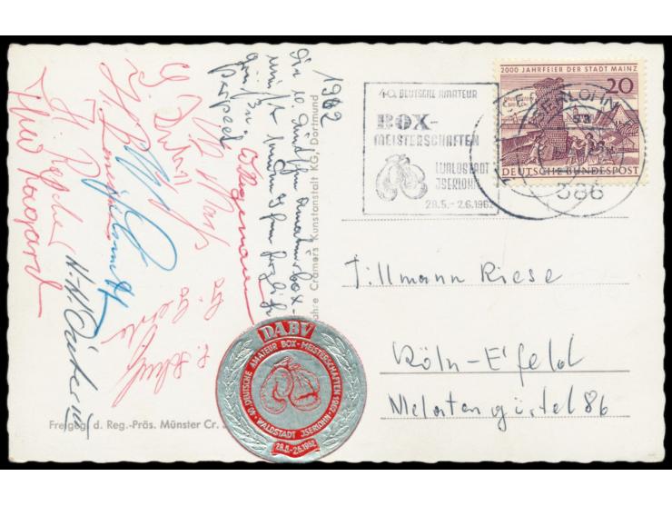 Ansichtskarte Iserlohn mit Sondermarke 20 Pfg., Maschinenstempel Iserlohn 1962  Box-Meisterschaften,  Bedarf nach Köln, ca.  