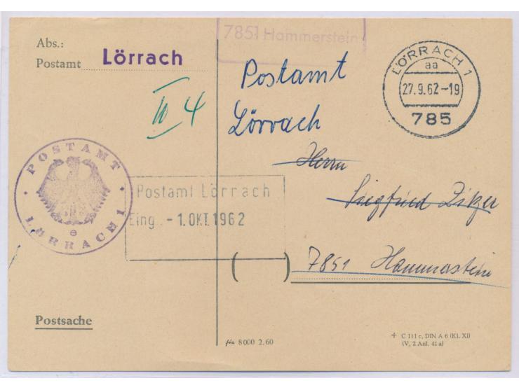 Karte &nbsp;&quot;Rückfrage nach einer Einzahlung&quot; &nbsp;mit Stempel des Postamts Lörrach vom 27.9.62, die Antwort mit L