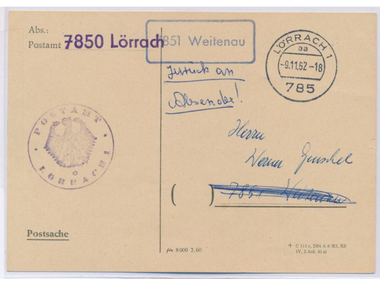 Karte &nbsp;&quot;Rückfrage nach einer Einzahlung&quot; &nbsp;mit Stempel des Postamts Lörrach vom &nbsp;9.11.62, die Antwort