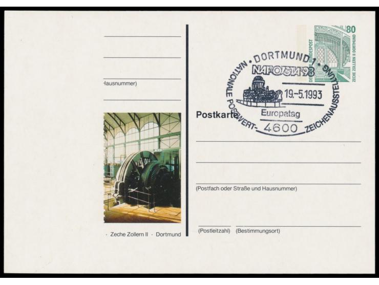 Privatganzsache NAPOSTA 1993 &nbsp;mit Wertstempel 80 Pf. Zeche Zollern II, links großflächiger &nbsp;Druckausfall &nbsp;in d