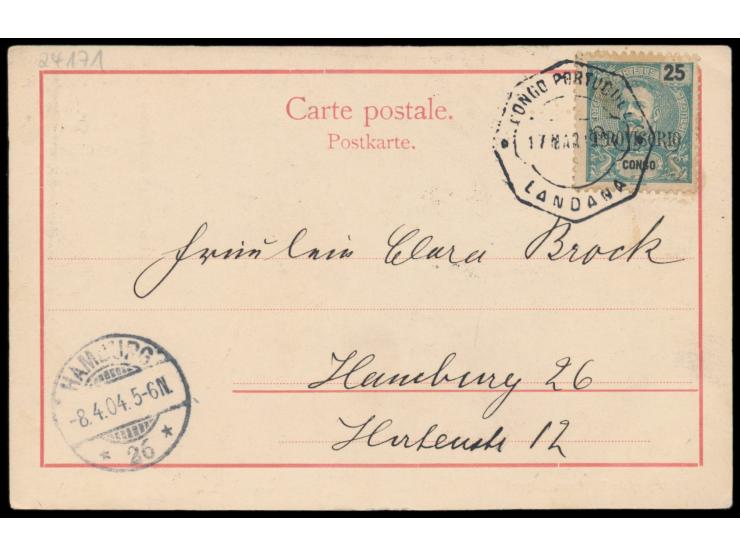 Congo,  25 C. "Provisorio" auf Ansichtskarte "Congo Francais" nach Hamburg, Stempel  Landana  17.3.1904, Ankunftsstempel 8.4.
