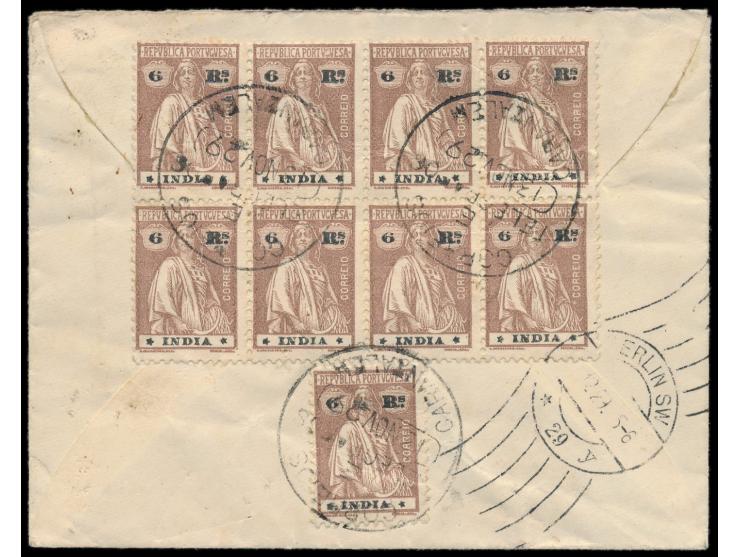 Portugiesisch-Indien,  9 x 6 Reis (Ceres) rückseitig auf  Einschreibbrief  nach Deutschland, drei saubere Stempel  Correos Ca