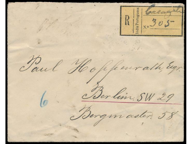 Portugiesisch-Indien,  9 x 6 Reis (Ceres) rückseitig auf  Einschreibbrief  nach Deutschland, drei saubere Stempel  Correos Ca