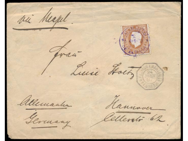 Mocambique,  Einzelfrankatur 100 Reis (1886) auf Brief nach Deutschland, violetter Stempel  Correio Angoche  4.1.97, Absender