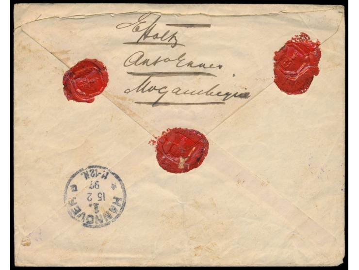 Mocambique,  Einzelfrankatur 100 Reis (1886) auf Brief nach Deutschland, violetter Stempel  Correio Angoche  4.1.97, Absender