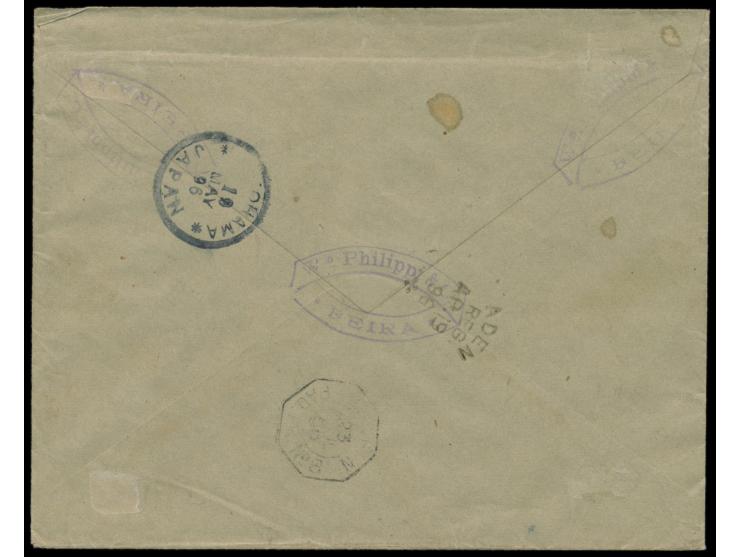 Mocambique-Gesellschaft:  3 x 50 Reis mit schwarzem Aufdruck "Compa de Mocambique" und rotem Aufdruck "Provisorio" (eine Mark