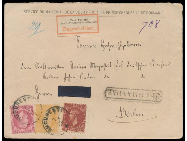 Ausgabe 1972 - 1876:  25 B. und 50 B. (Pariser Druck) mit 15 B. (Bukarester Druck) auf Umschlag mit vorderseitigem Absender  