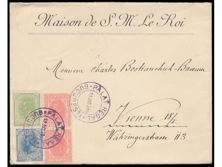 5 B., 2 x 10 B. und 25 B. auf Umschlag mit vorderseitigem Absendereindruck "Maison de S. M. Le Roi" nach Österreich, dekorati