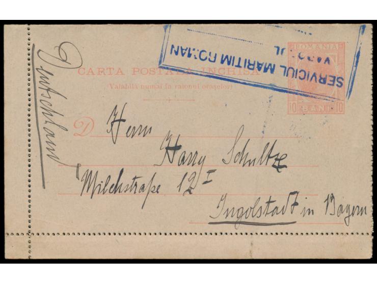 violetter Rahmenstempel &nbsp;Serviciul Maritim Roman / Vaporul ... / ... &nbsp;auf Ganzsachen-Kartenbrief 10 Bani, geschrieb