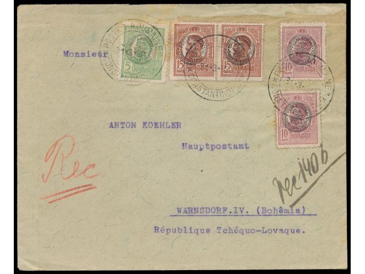 Postamt in Konstantinopel:  Aufdruckausgabe 5 B. (als Zwangszuschlag), 2 x 10 B. und 2 x 15 B. auf  Einschreibbrief  in die T