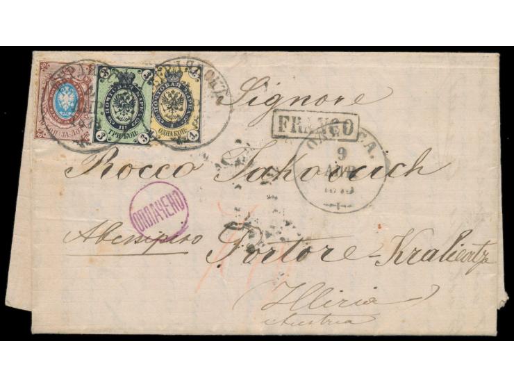Ausgabe 1866: 1 Kop., 3 Kop. (senkrecht gestreiftes Papier) und 10 Kop. mit Stempel  Berdiansk  4.4.1873 auf Faltbrief nach Ö