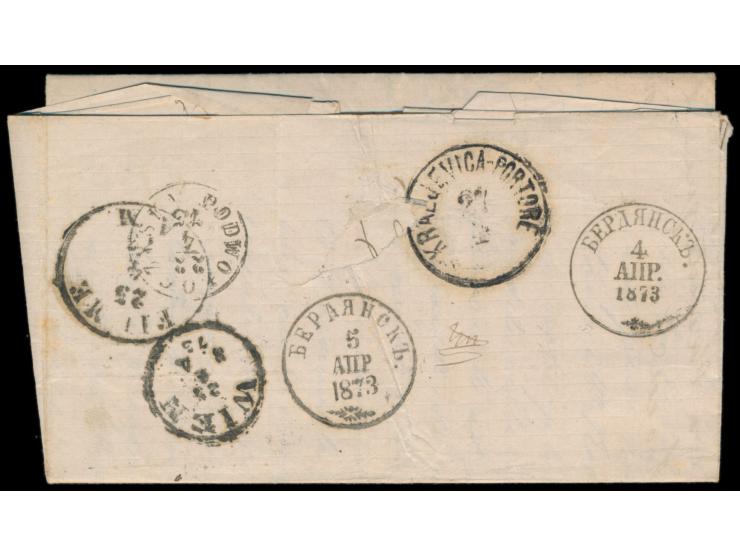 Ausgabe 1866: 1 Kop., 3 Kop. (senkrecht gestreiftes Papier) und 10 Kop. mit Stempel  Berdiansk  4.4.1873 auf Faltbrief nach Ö