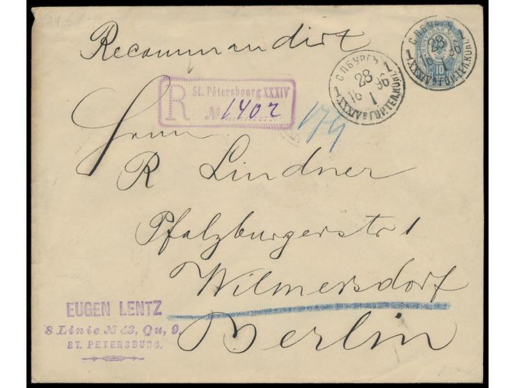 Ganzsachenumschlag 10 Kop. (Großformat) mit rückseitiger Zusatzfrankatur 2 x 2 Kop. und 2 x 3 Kop. als  Einschreiben  nach De