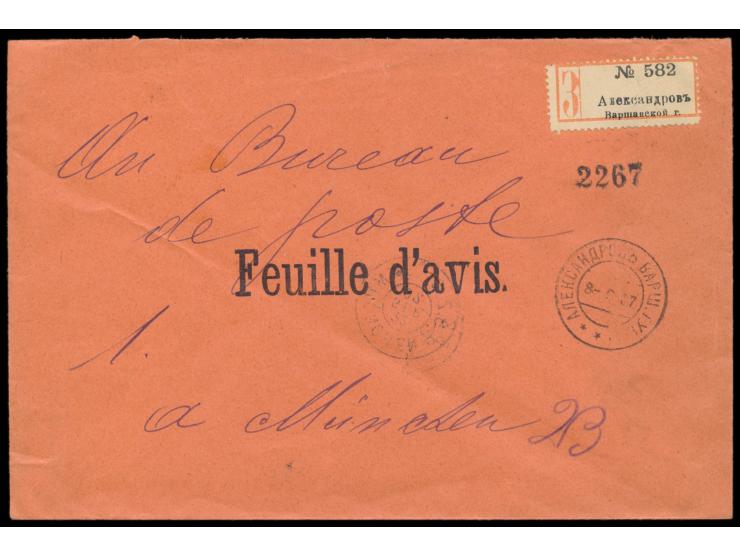 Einschreibbrief als portofreie Postsache (zurückgesandte Rückscheine) nach München, Stempel  Aleksandrow Warsch. Gouv.  8.9.0