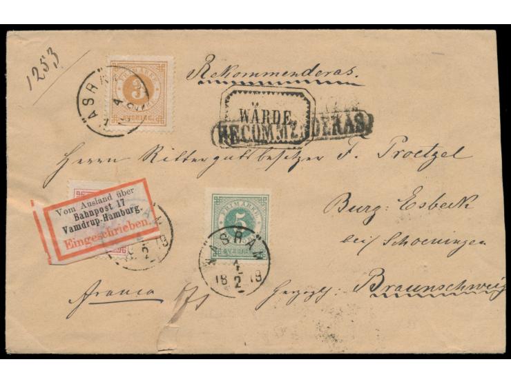 3 Öre, 5 Öre und &nbsp;50 Öre Ringtype &nbsp;auf &nbsp;Wertbrief nach Burg Esbecke in &nbsp;Deutschland, &nbsp;seltener Stemp