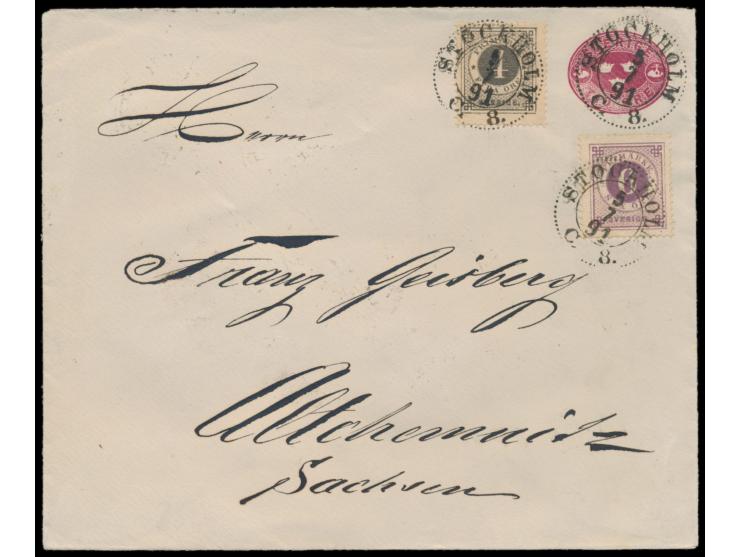 Ganzsachenumschlag Tio Öre mit Zusatzfrankatur  Ringtyp 4 Öre und 6 Öre  nach Deutschland, Stempel Stockholm 5.7.91, rückseit