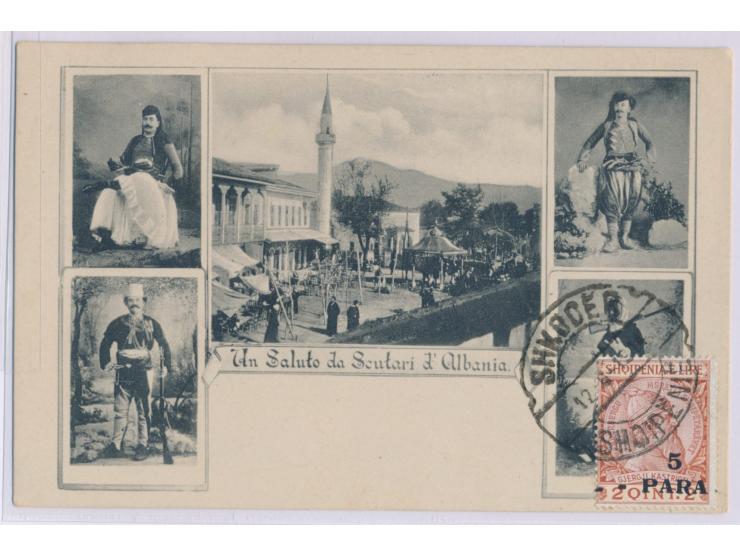 Fünfbild-Ansichtskarte Scutari mit bildseitig Skanderbeg 5 Para auf 20 Q., Stempel Shkoder 12.6.1914, adresseitig unbeschrift