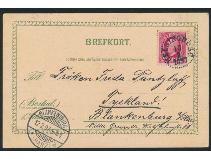 10 Öre auf Ansichtskarte  Helsing fran Helsingborg,  Stempel Helsingborg 10.2.97, Ankunftstempel Blankenburg 12.2.97, dekorat