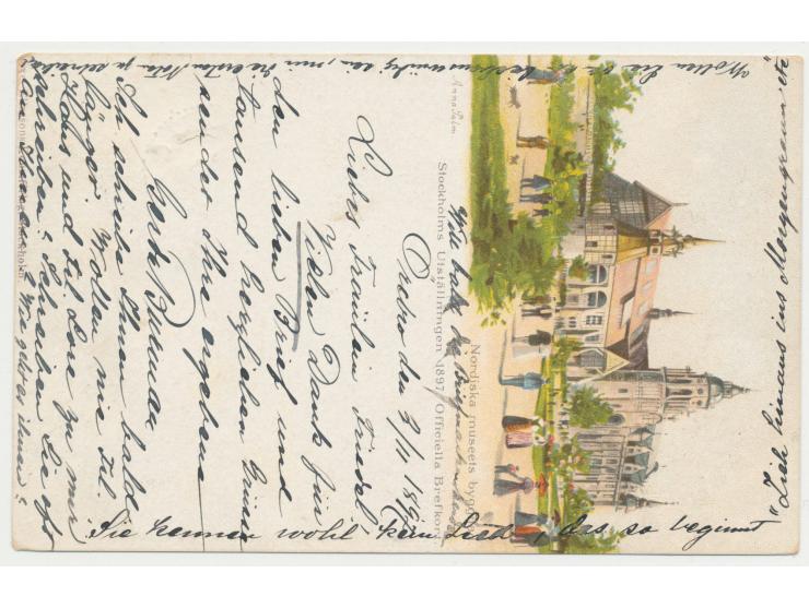 10 Öre auf Ansichtskarte &nbsp;Stockholm Ausstellung 1897 , Bild Nordiska musetts, Stempel Hallsberg 3.11.97, Transitstempel 