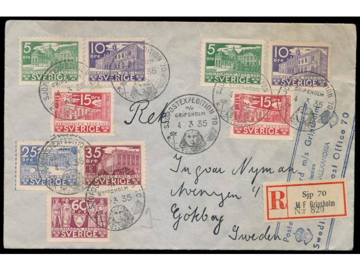 Satz "500 Jahre Schwedischer Reichstag" (beide Zähnungsvarianten) auf  Einschreibbrief  mit Stempel  Sjöpostexpedition 70 M/F