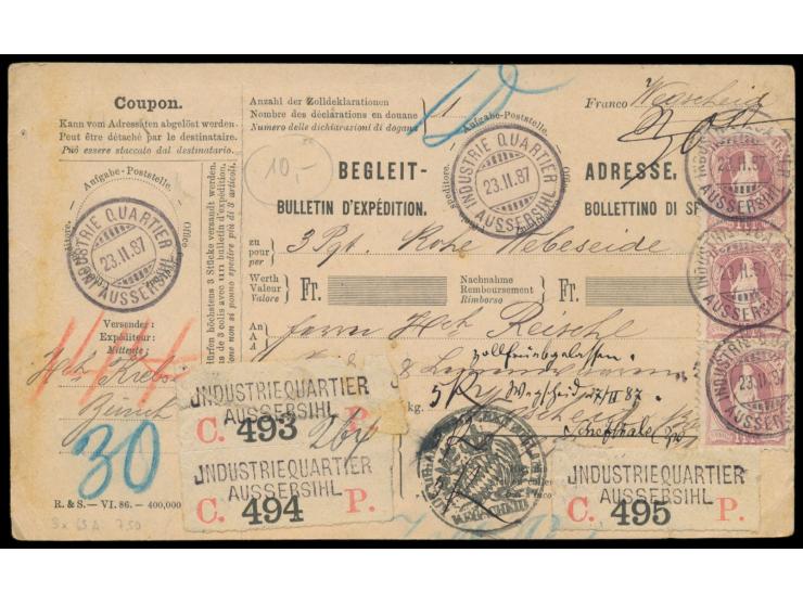 Stehende Helvetia 1 Fr, lila, Dreierstreifen senkrecht, Auslands-Paketkarte, für 3 Pakete, Stempel Industrie Quartier Aussers