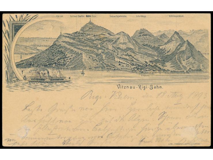 Ganzsache 10 Ct. rot mit  Zudruck Vitznau-Rigi-Bahn,  Stempel Luzern - Flüelen Schiff19.8.92, Ausgabestempel  Rigi-Staffel,  
