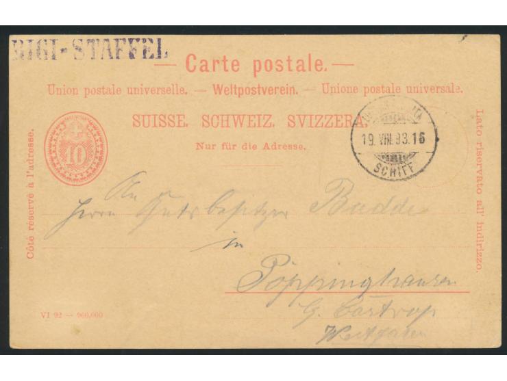 Ganzsache 10 Ct. rot mit  Zudruck Vitznau-Rigi-Bahn,  Stempel Luzern - Flüelen Schiff19.8.92, Ausgabestempel  Rigi-Staffel,  