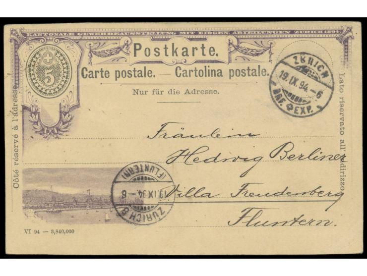 Kantonale Gewerbeausstellung Zürich 1894,  Ganzsache 5 Rp. (Druckvermerk "VI 94 ...) mit Bildzudruck in  violett,  Baer-Handb