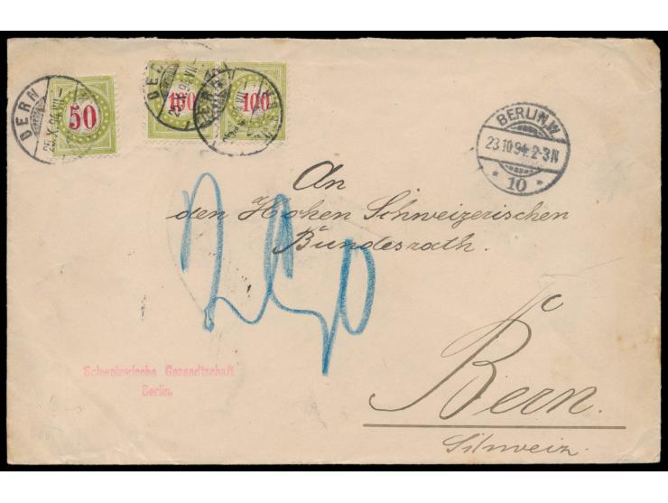 Brief der Schweizer Gesandtschaft, Stempel Berlin 23.10.94 an den Bundesrat in &nbsp;Bern, unfrankiert, roter Absenderstempel