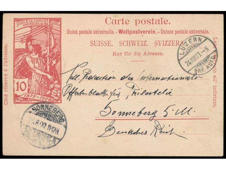 Sonder- Ganzsache UPU 10 Ct, Stempel Luzern 24.8.00, Ankunftstempel Sonneberg in Deutschland 25.8.00, langer Text "Luzern VII
