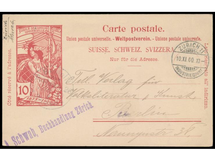 Sonderganzsache 10 Rp. UPU  mit rückseitig blauem  Bildzudruck "Cacao Suchard" - Schweizer Chalets  (Ganzsachen-Handbuch Nr. 