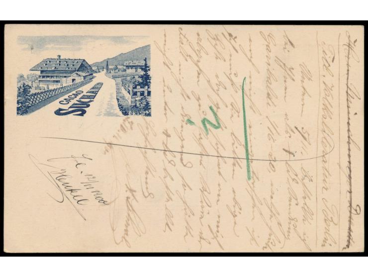 Sonderganzsache 10 Rp. UPU  mit rückseitig blauem  Bildzudruck "Cacao Suchard" - Schweizer Chalets  (Ganzsachen-Handbuch Nr. 