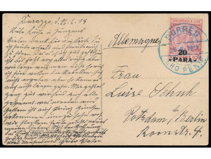 20 Para auf 10 Q. auf Ansichtskarte &quot;Durazzo - Panorama dalla Fortezza Veneziana&quot;, blauer Stempel &nbsp;Durres &nbs