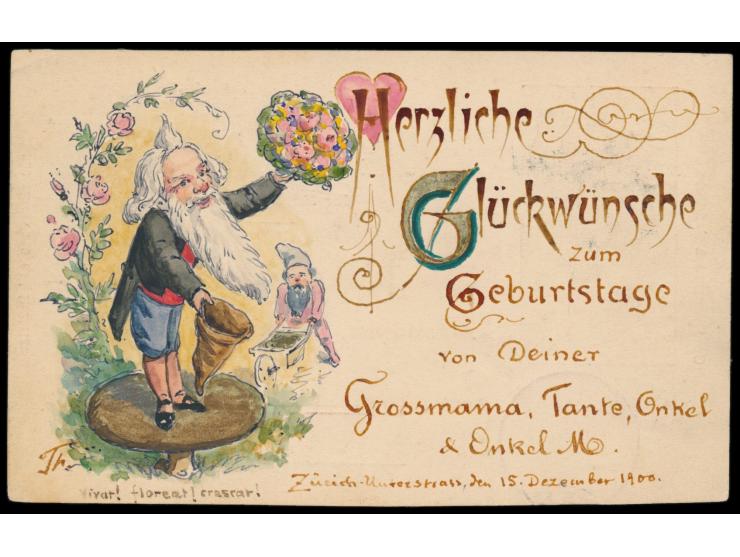 Auslands-Ganzsache 10 Ct. UPU, Stempel Zürich 15.12.0ß, Ankunftsstempel Frankfurt 15.12., rückseitig  Malerei Glückwunsch zum