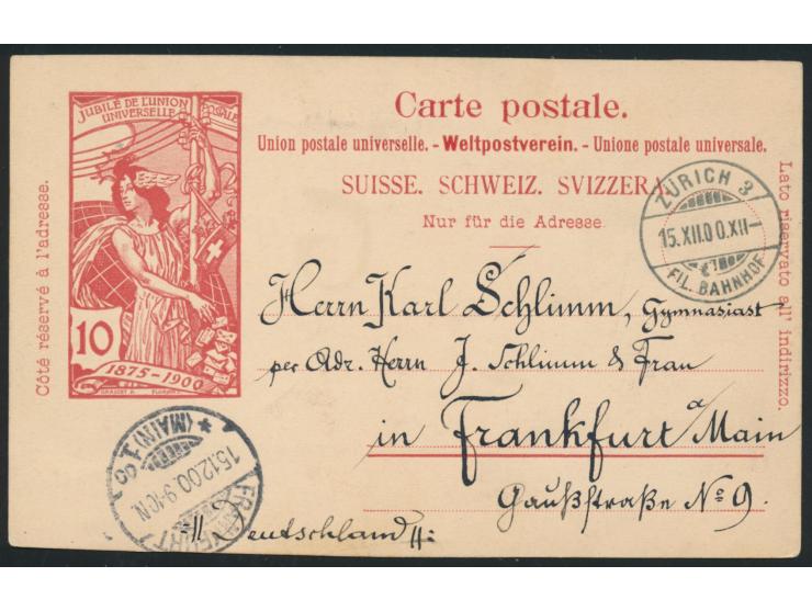 Auslands-Ganzsache 10 Ct. UPU, Stempel Zürich 15.12.0ß, Ankunftsstempel Frankfurt 15.12., rückseitig  Malerei Glückwunsch zum