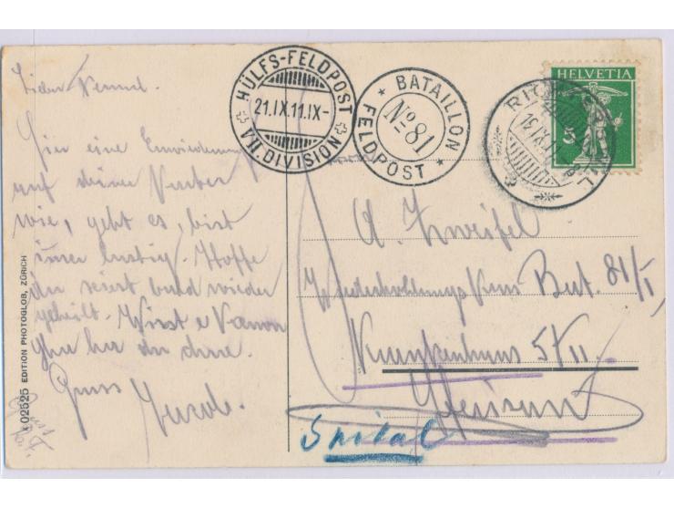 5 Rp. auf Ansichtskarte mit Stempel  Richterswil  19.9.11. an einen Reservisten im "Wiederholungskurs Bat. 81/I", Zweikreisst