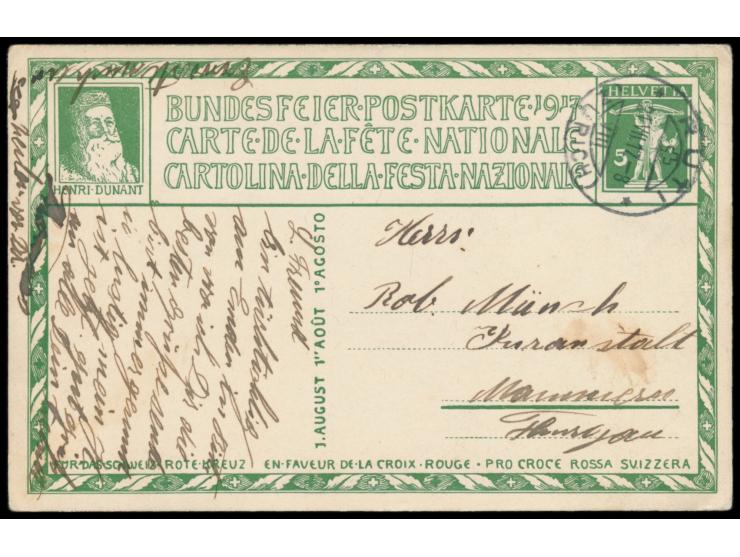 Bundesfeierkarte  5 Rp. Samariter, Stempel Rüti  21.7.17  am  Ausgabetag,  Bedarf, kleiner Fleck in der Anschrift
