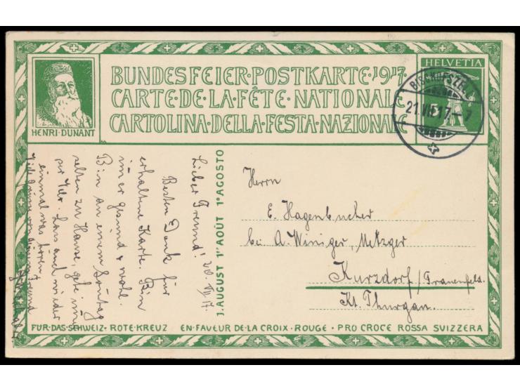 Bundesfeierkarte  5 Rp. Mutter Helvetia,  Ersttagsstempel  Bischofszell  21.7.17 , Bedarf nach Kurzdorf
