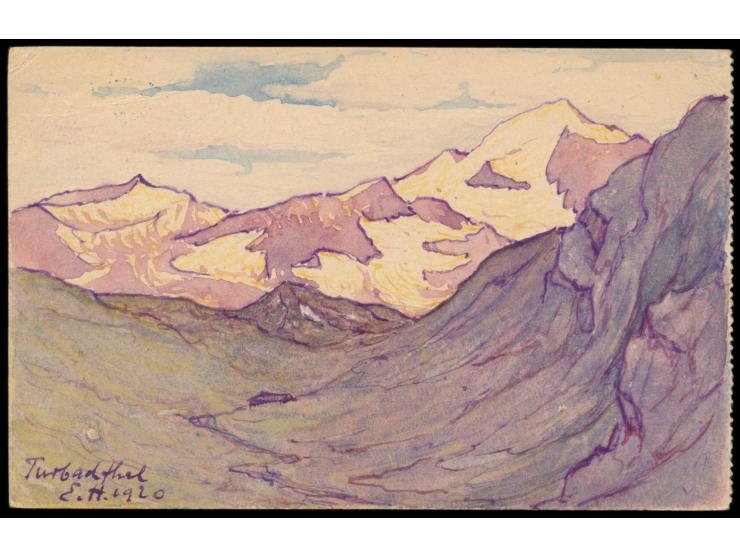 Ganzsache 7 1/2 Rp. Tellknabe mit rückseitig mehrfarbiger &nbsp;Tuschezeichnung, &nbsp;betitelt &quot;Turbachthal E.H. 1920&q