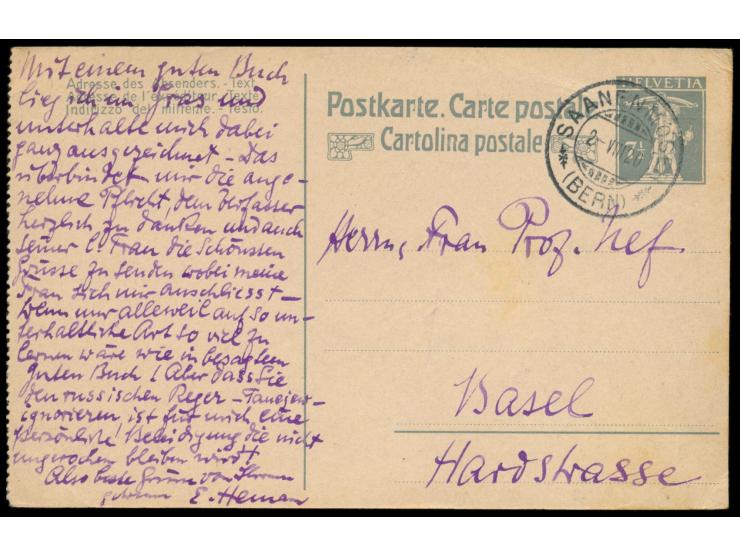 Ganzsache 7 1/2 Rp. Tellknabe mit rückseitig mehrfarbiger &nbsp;Tuschezeichnung, &nbsp;betitelt &quot;Turbachthal E.H. 1920&q