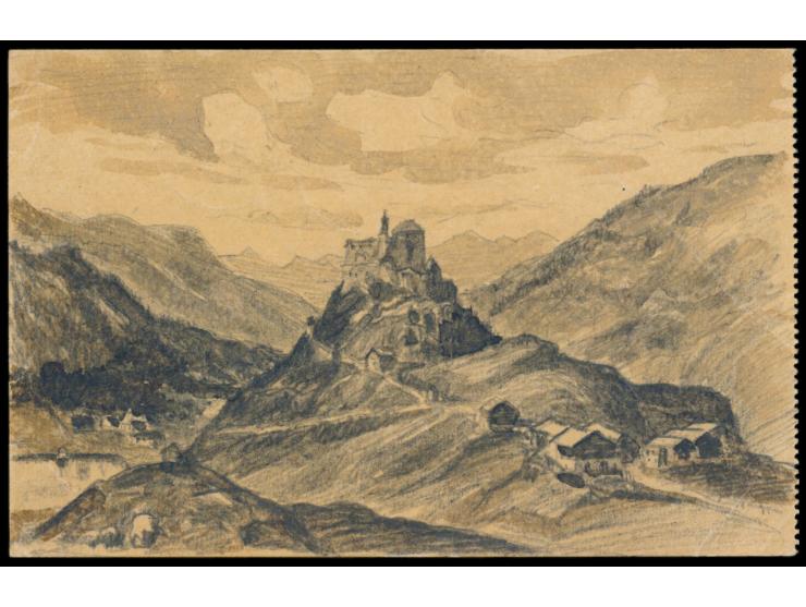 Ganzsache 10 Rp Tell mit Zusatzfrankatur 5 Rp Tellknabe und 10 Rp Tell, Stempel Tarasp &nbsp;7.2.22, geschrieben &nbsp;Schlos