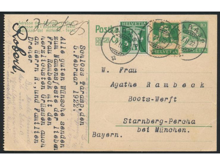 Ganzsache 10 Rp Tell mit Zusatzfrankatur 5 Rp Tellknabe und 10 Rp Tell, Stempel Tarasp &nbsp;7.2.22, geschrieben &nbsp;Schlos