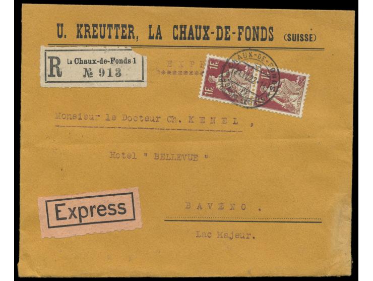 2x 1 Fr. Helvetia  portorichtig auf Einschreibbrief Eilboten bis 80 Gramm, Stempel La Chaux-de-Fonds 21.4.22, Ankunftstempel 