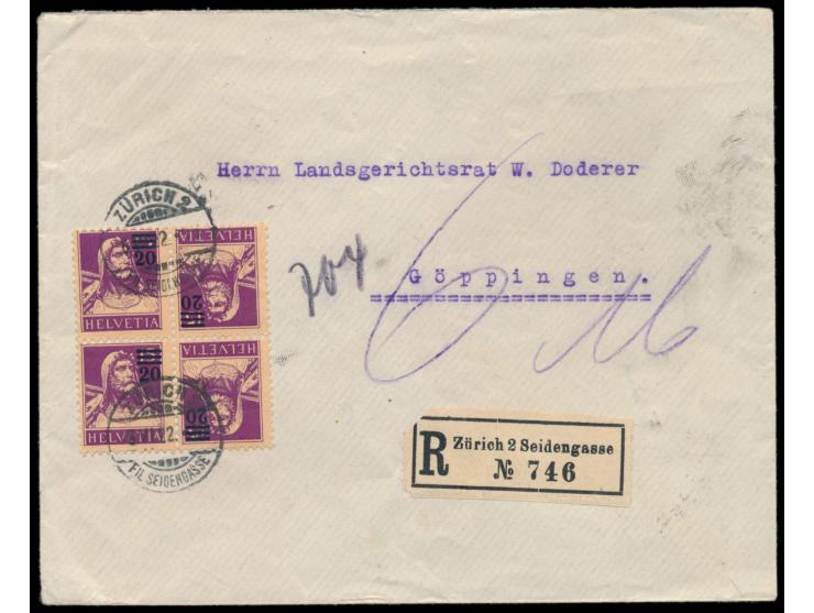 Tell Aufdruckmarke 20 C. auf 1t5 C. violett, Zusammendruck im  Viererblock  Typ A), auf Einschreibbrief Zürich Seidengassse 5