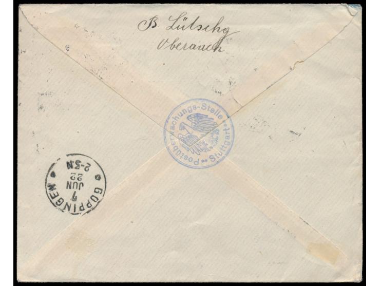 Tell Aufdruckmarke 20 C. auf 1t5 C. violett, Zusammendruck im  Viererblock  Typ A), auf Einschreibbrief Zürich Seidengassse 5