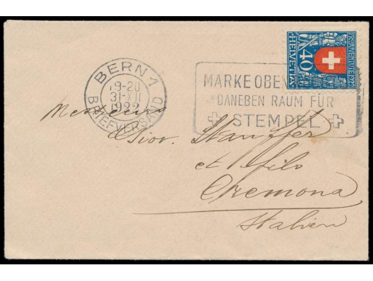 Einzelfrankatur 40 Rp.  Pro Juventute 1922  auf kleinformatigem Brief, Maschinenstempel "Marke oben rechts ..." Bern 31.12.22